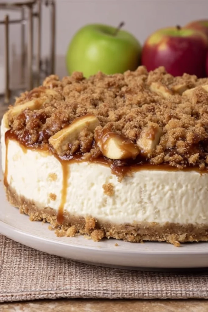 apple crumble cheesecake, decadent dessert, crunchy topping, creamy filling, sweet and savory