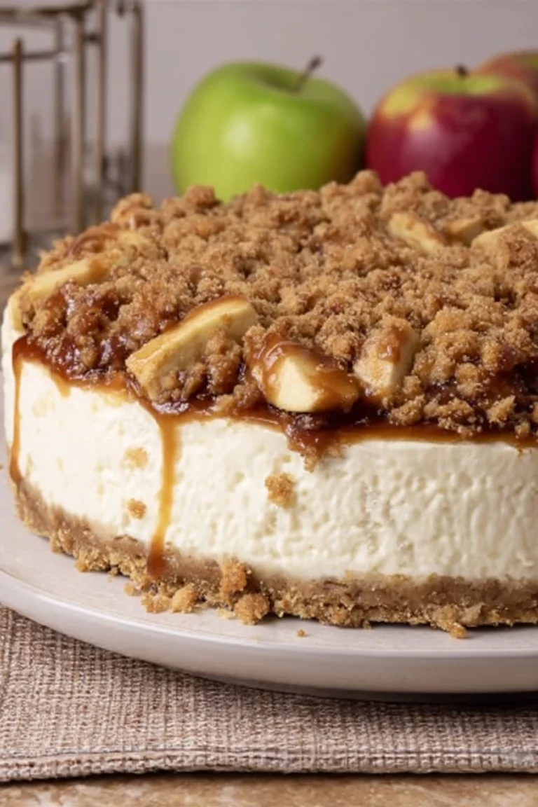 apple crumble cheesecake, decadent dessert, crunchy topping, creamy filling, sweet and savory