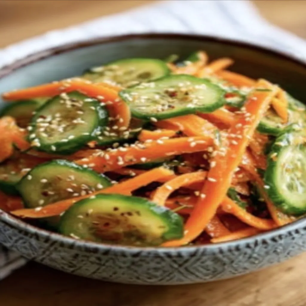 Asian cucumber salad, carrot, refreshing, crunchy, colorful, tangy, appetizing