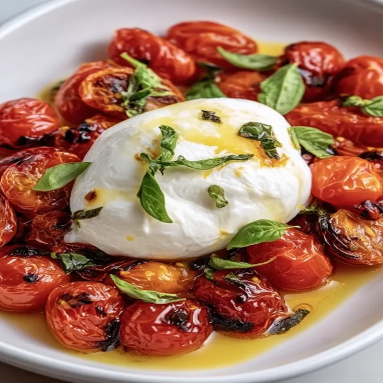 roasted tomatoes, burrata cheese, savory, creamy, mouthwatering, appetizer, Italian cuisine