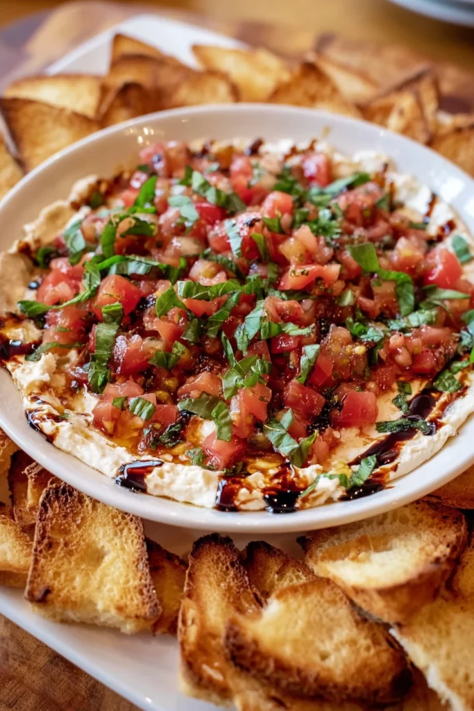 Bruschetta Dip, savory appetizer, fresh tomatoes, crunchy bread, Italian flavors, delicious herbs