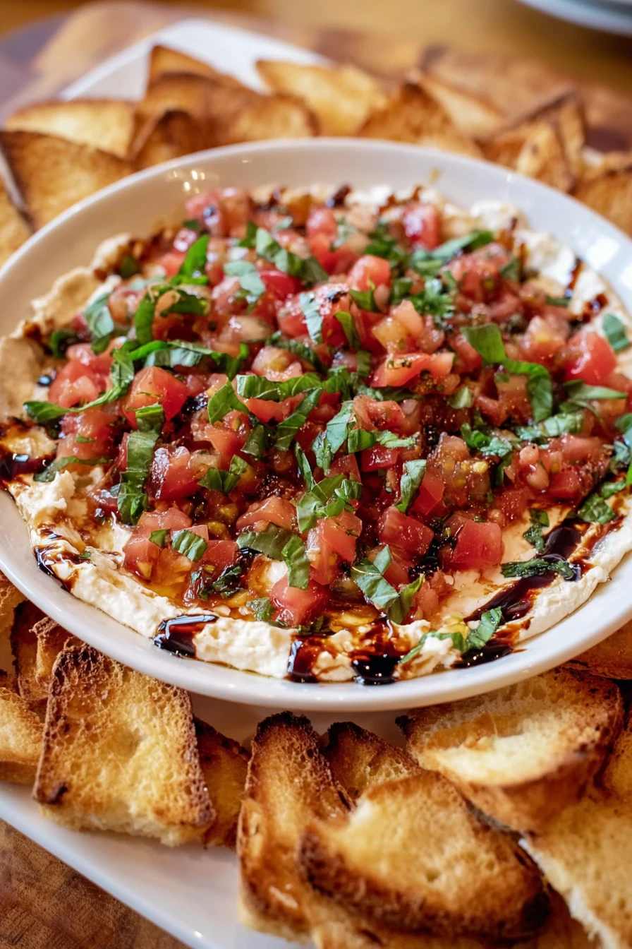 Bruschetta Dip, savory appetizer, fresh tomatoes, crunchy bread, Italian flavors, delicious herbs