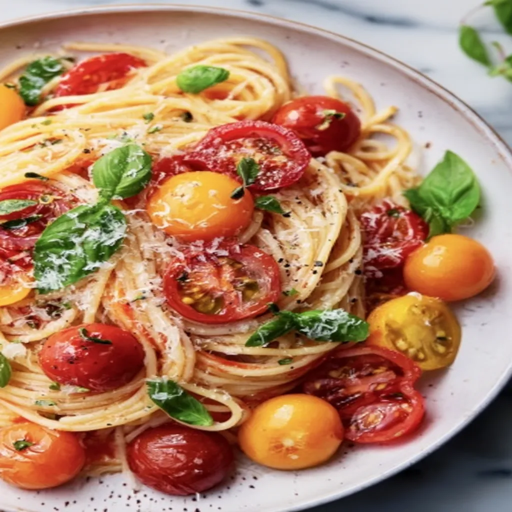 burst cherry tomato pasta, vibrant colors, juicy tomatoes, al dente pasta, flavorful dish