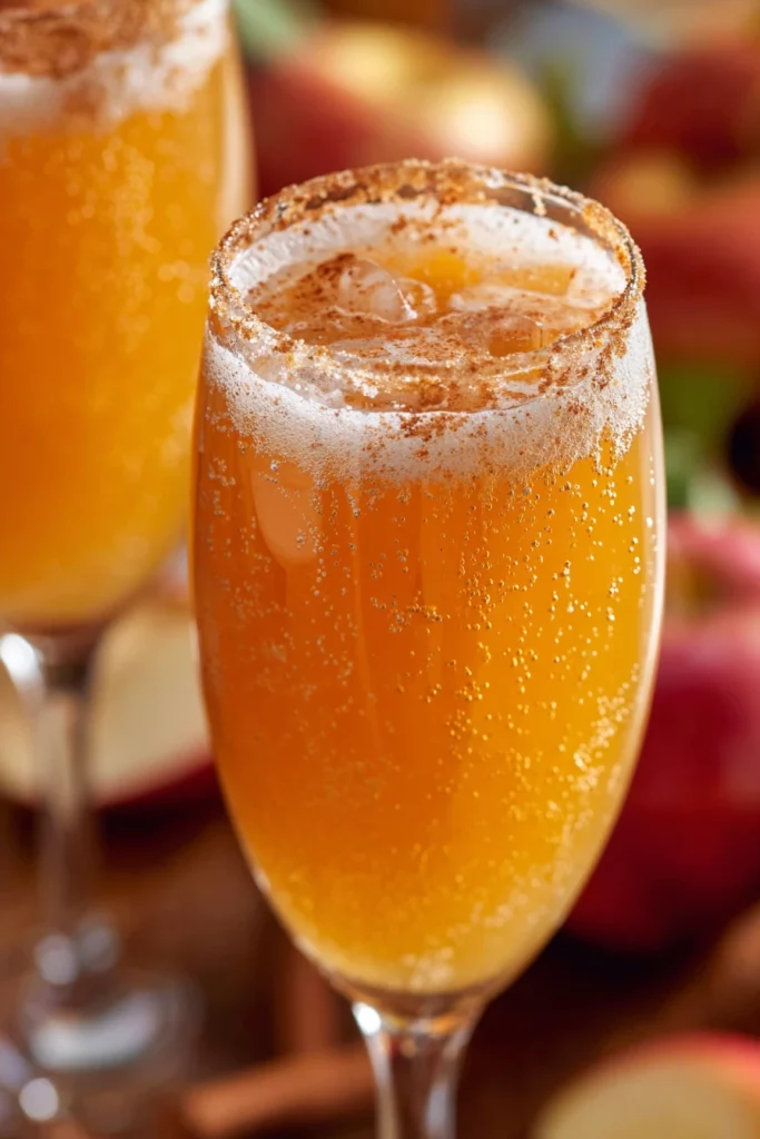 caramel apple cider mimosas, festive fall drink, sweet and bubbly cocktail, delicious cinnamon apple flavor