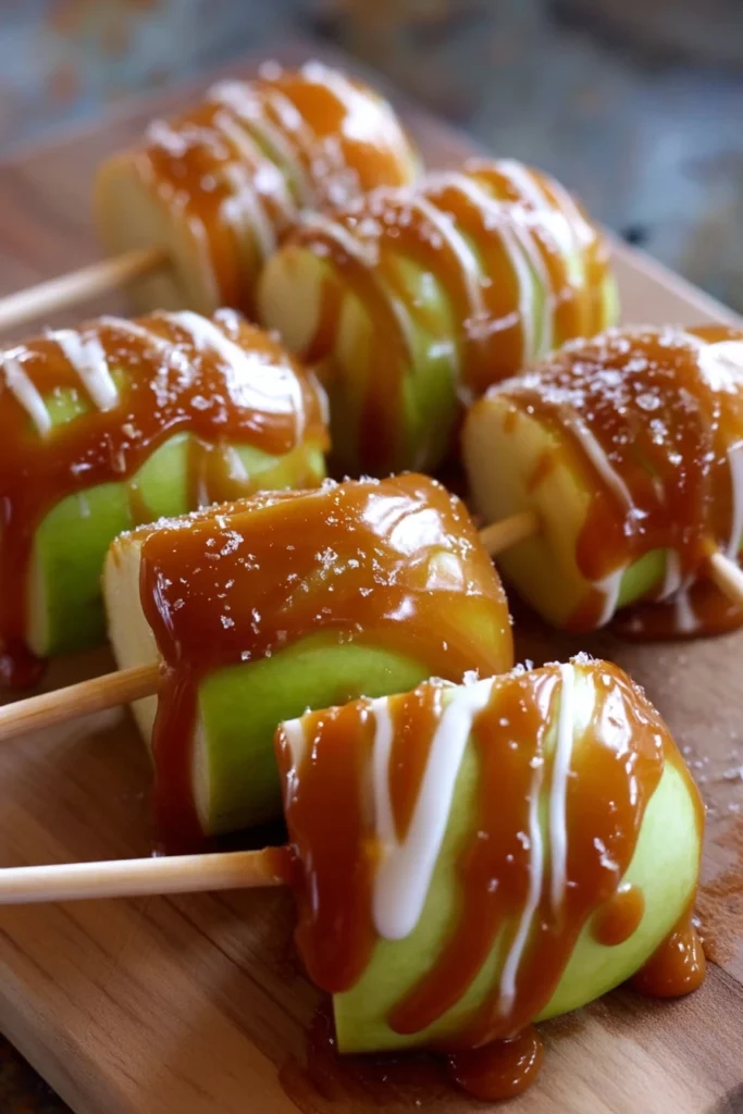 caramel apple slices, sweet and sticky, fall treat, crunchy, indulgent