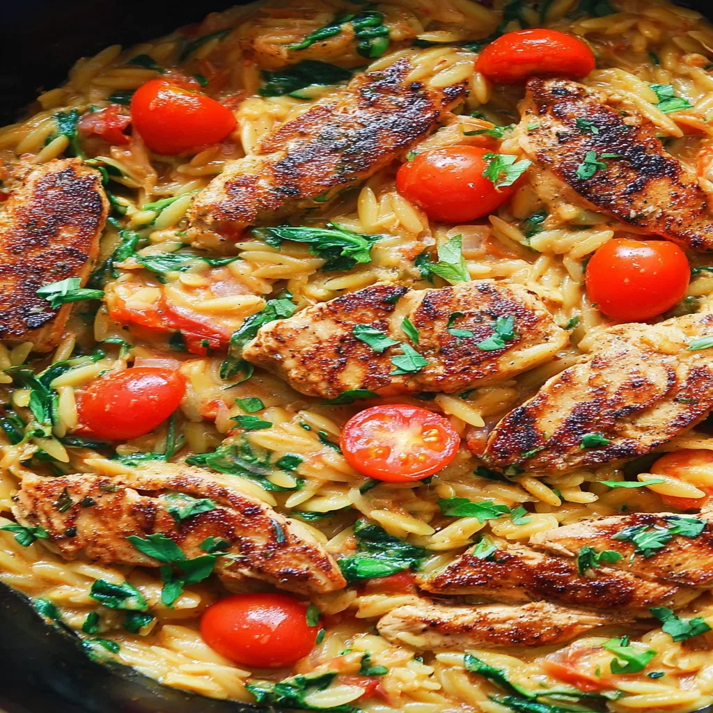 chicken orzo, cherry tomatoes, savory, aromatic, colorful, flavorful, Italian-inspired