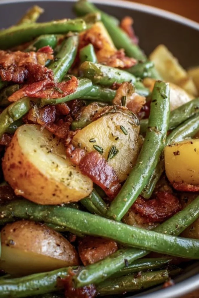country ranch, green beans, potatoes, bacon, savory, hearty, flavorful, delicious