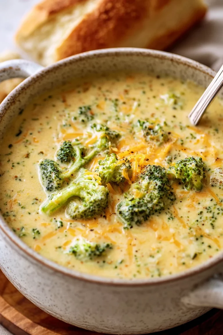 creamy broccoli cheddar soup, comforting, cheesy, rich, broccoli florets, savory broth