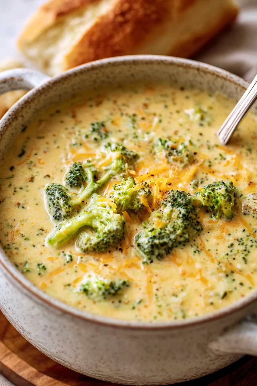 creamy broccoli cheddar soup, comforting, cheesy, rich, broccoli florets, savory broth