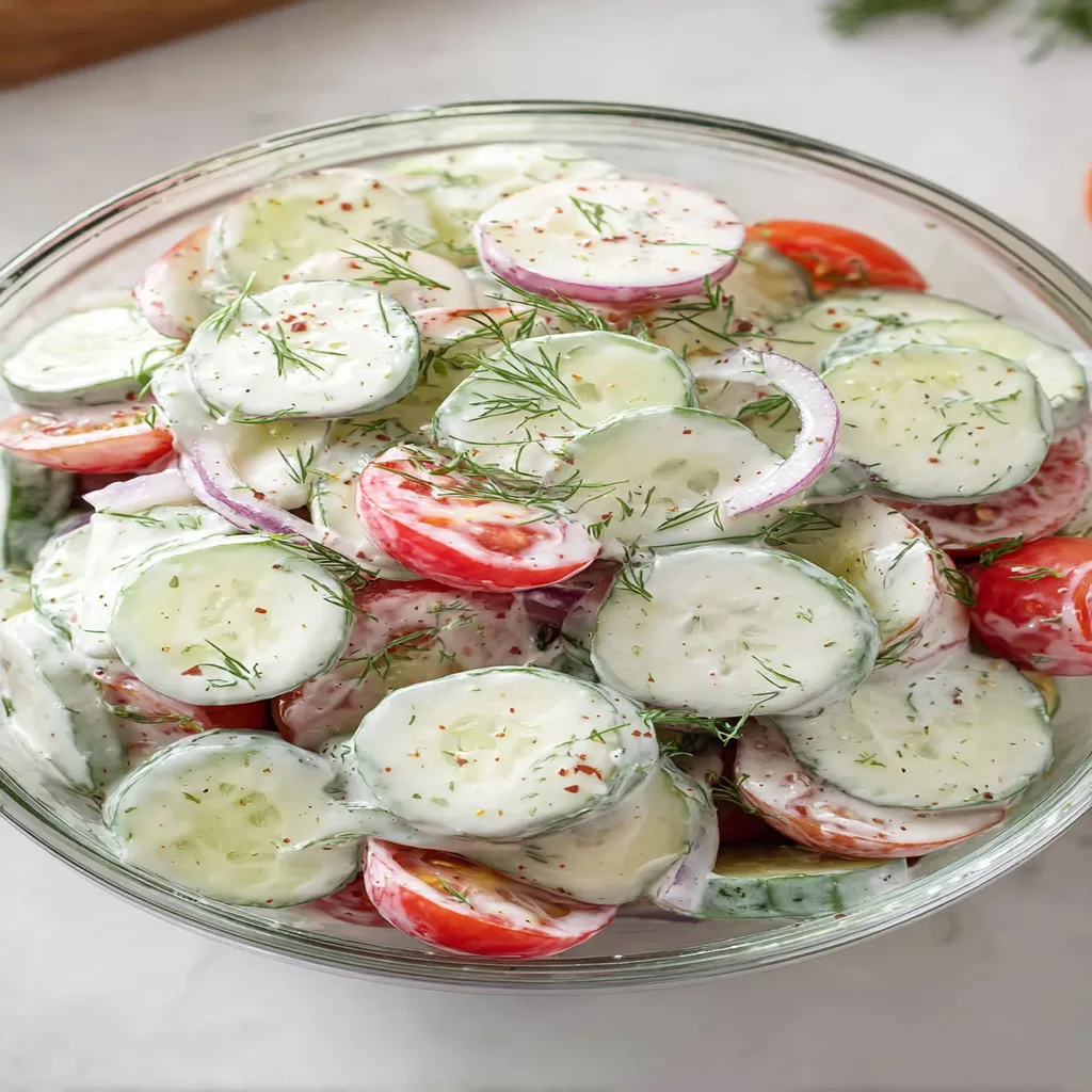creamy, cucumber tomato salad, fresh, refreshing, summer side dish