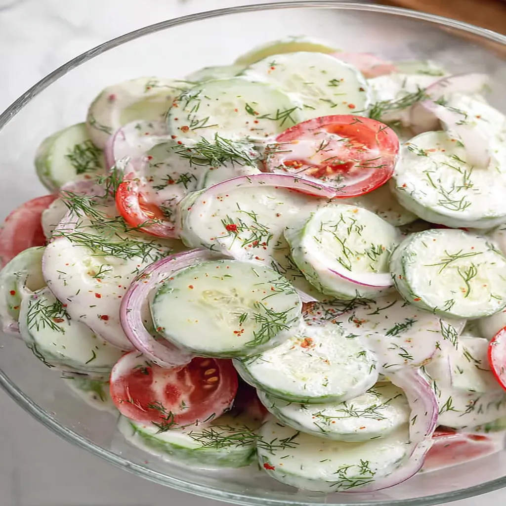 Creamy cucumber tomato salad, refreshing, vibrant colors, fresh ingredients