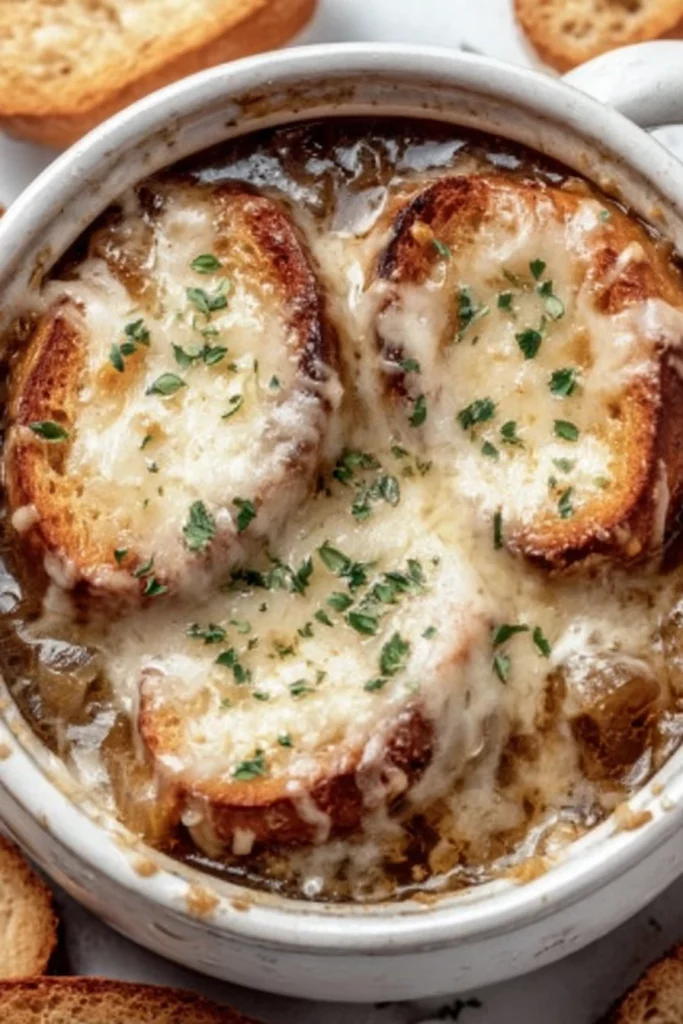 crockpot french onion soup, savory, slow-cooked, aromatic, cheesy, comforting bowl