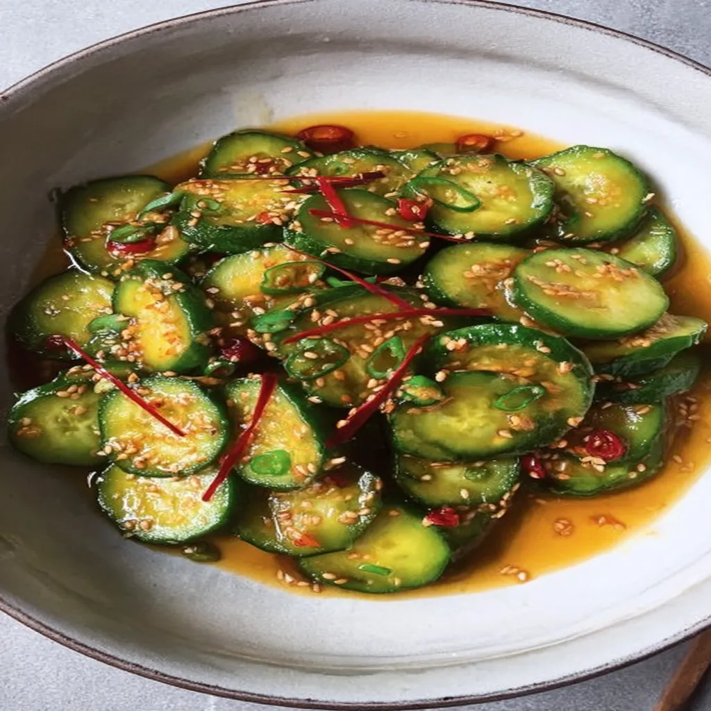 Asian cucumber salad, refreshing, crisp, vibrant, sesame dressing, delicious tangy flavors