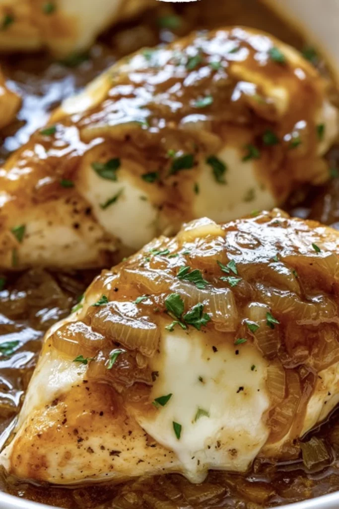 French Onion Chicken Bake, savory, cheesy, aromatic, comfort food, delicious flavor