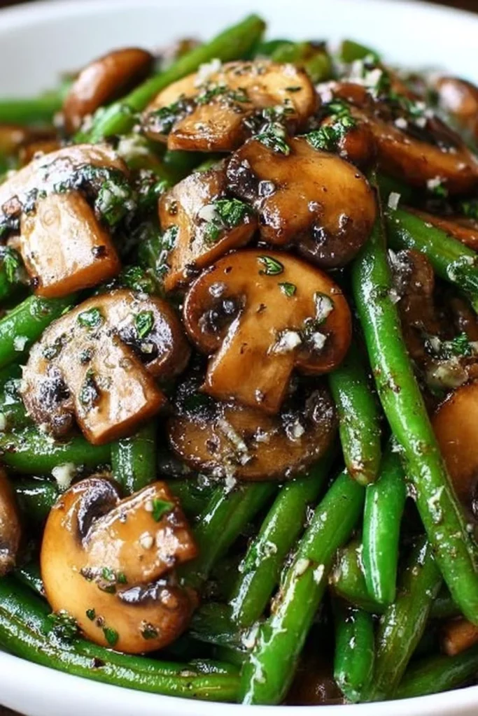garlic butter, sautéed, green beans, mushrooms, savory, aromatic, flavorful