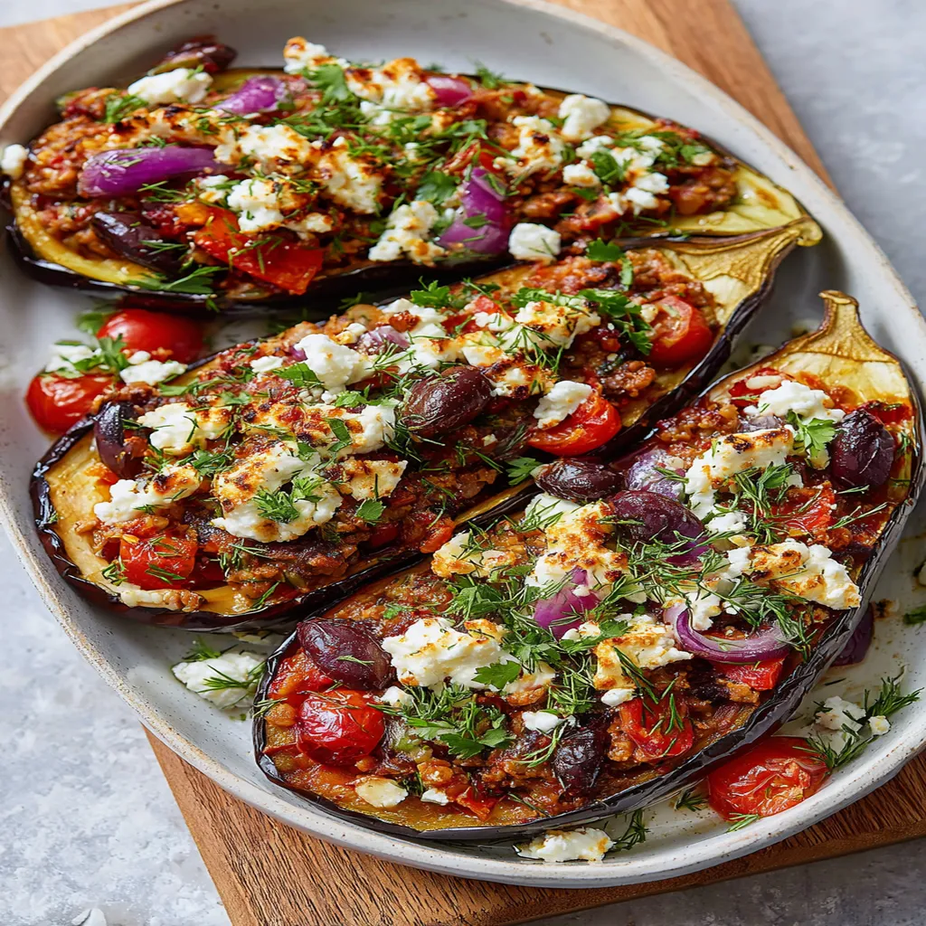 Greek Stuffed Eggplant, flavorful, savory, Mediterranean, aromatic, hearty, delicious