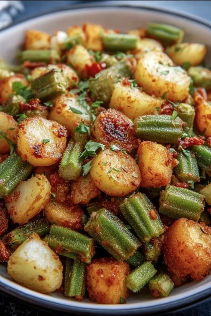 Healthy fried okra, potatoes, crispy, savory, delicious, nutritious dish