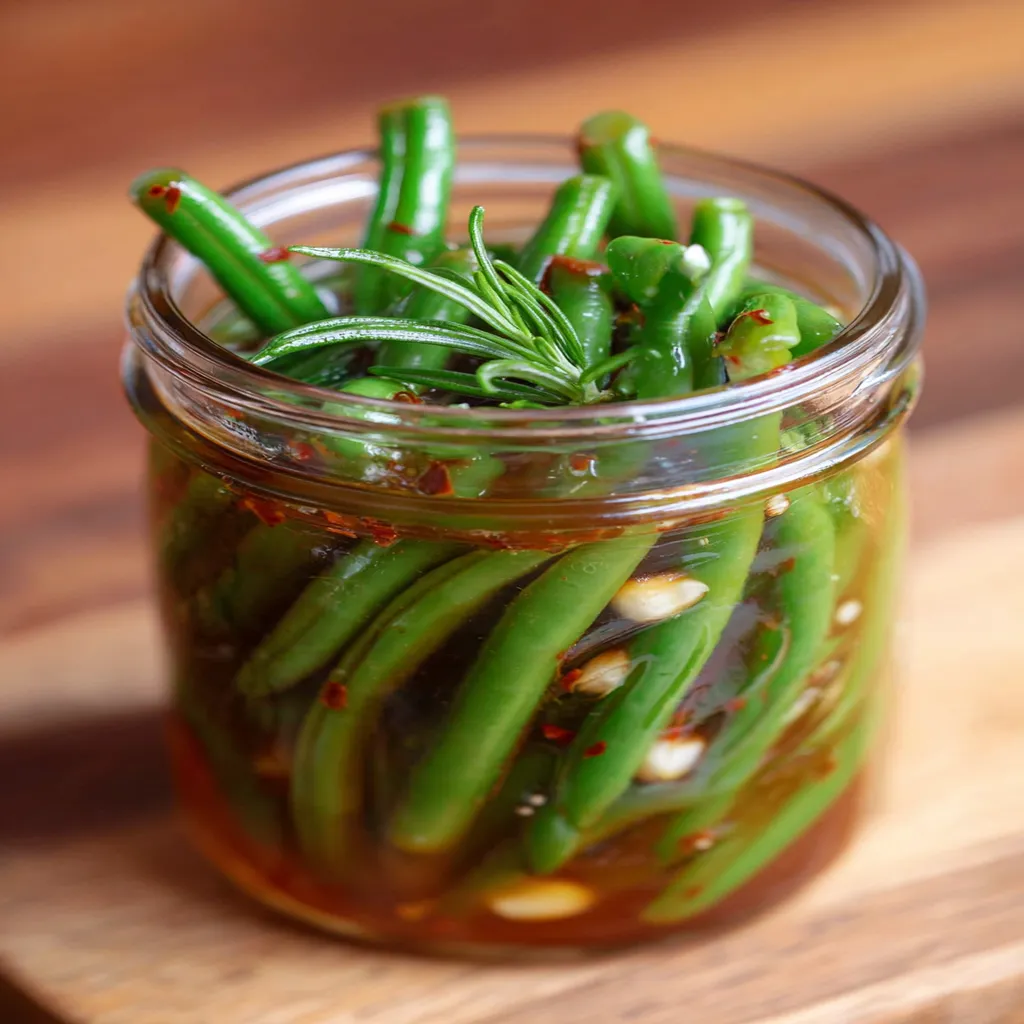 pickled green beans, crunchy, tangy, vibrant, preserved, delicious snack