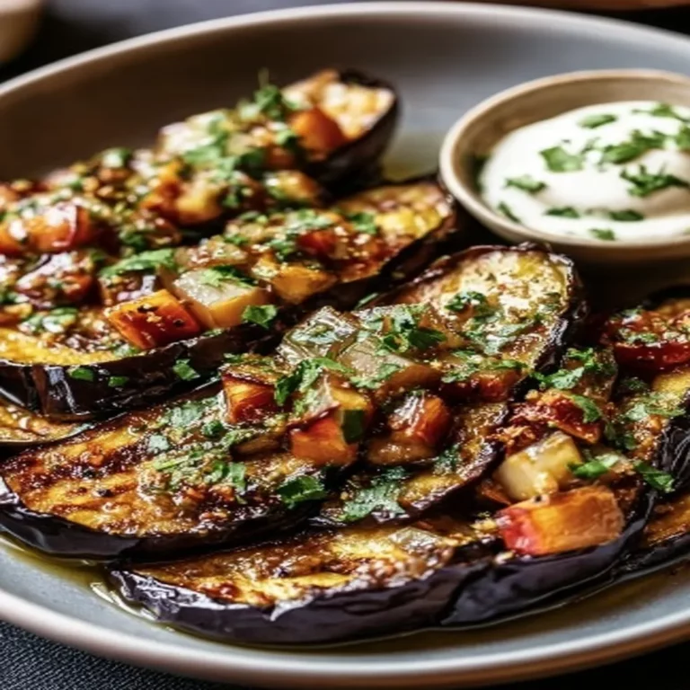 roasted eggplant, Mediterranean flavors, garlic and herbs, savory, aromatic, deliciously seasoned