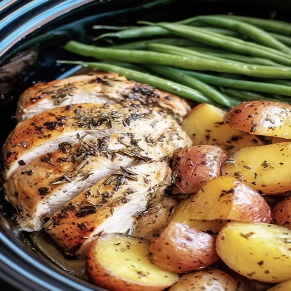 slow cooker chicken, potatoes, green beans, savory, tender, hearty meal