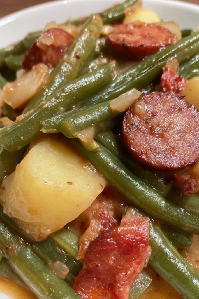 smothered green beans, bacon, andouille sausage, savory, flavorful, indulgent, delicious