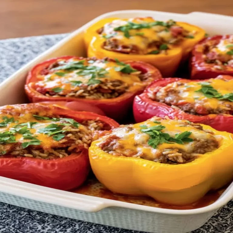 Stuffed peppers, ground beef, rice, savory, delicious, colorful, nutritious