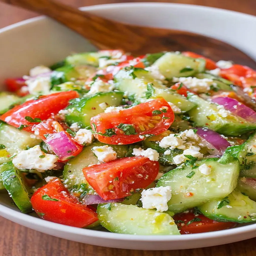 tomato, cucumber, feta, salad, refreshing, crunchy, Mediterranean flavors