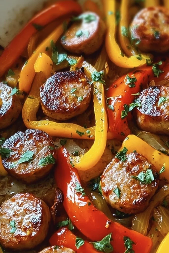 sausage, peppers, onions, savory, flavorful, sizzling, delicious, colorful
