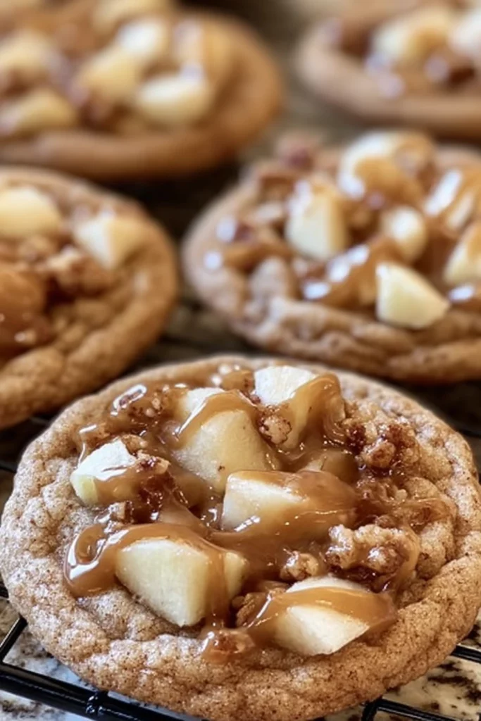 caramel apple cookies, decadent treat, chewy, sweet, autumn flavors
