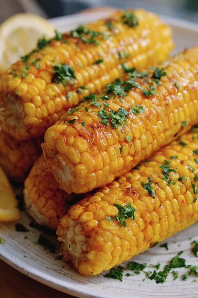Air fryer corn, juicy, buttery, flavorful, charred, crispy, delicious