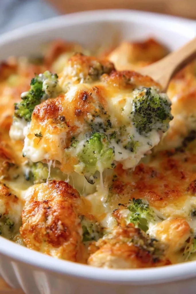 chicken broccoli casserole, savory, cheesy, baked, comforting, broccoli florets, creamy sauce