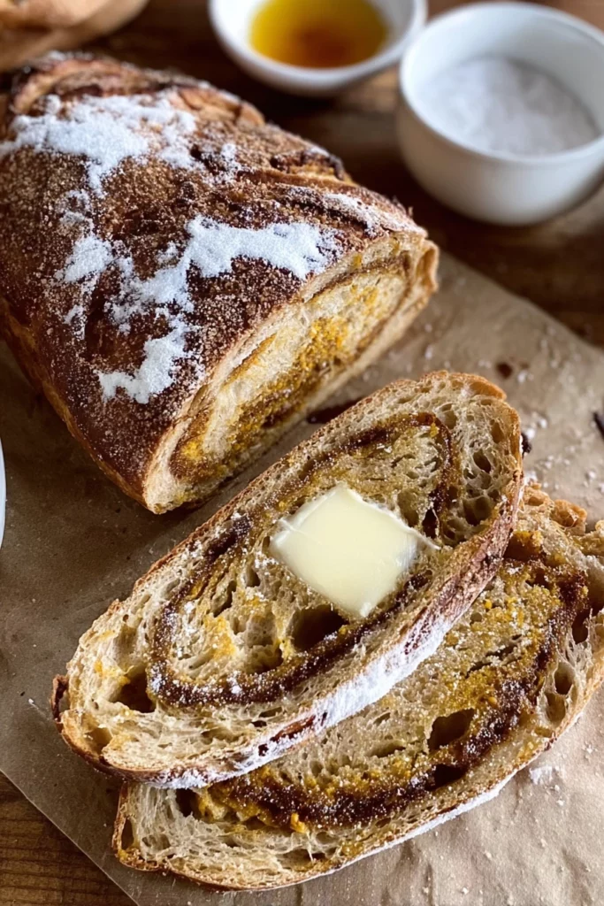 cinnamon swirl, pumpkin sourdough bread, aromatic, flavorful, festive