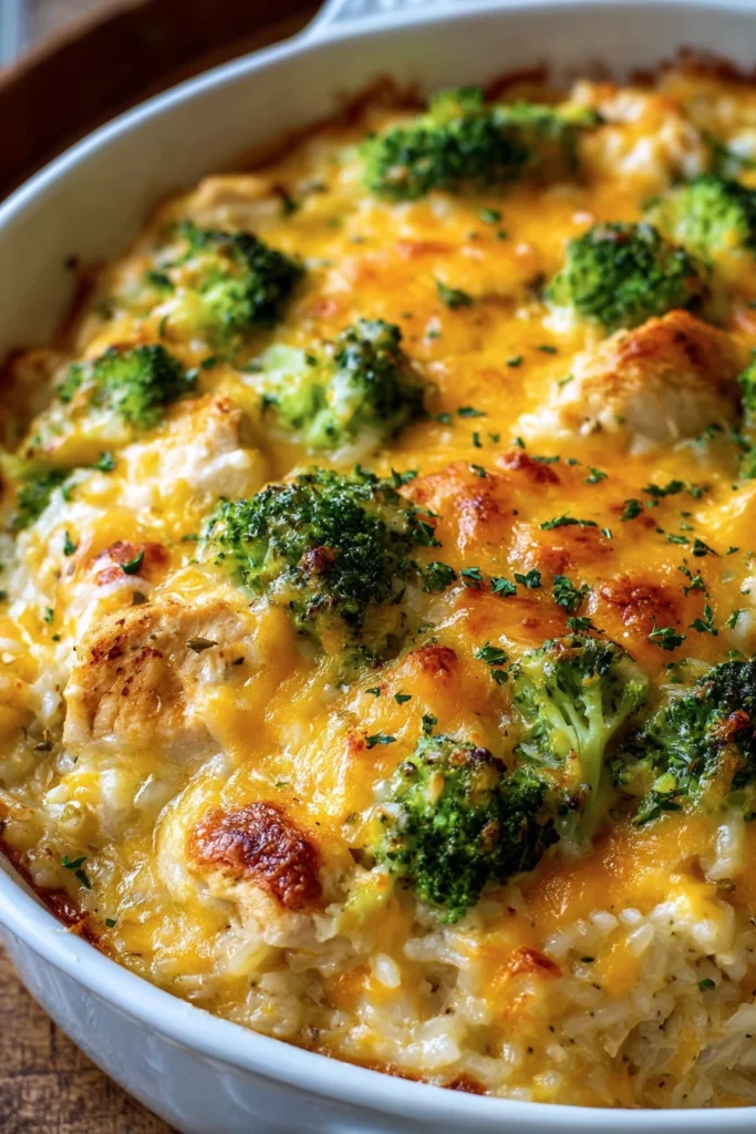 creamy chicken, broccoli, rice, cheese, casserole, savory, comforting