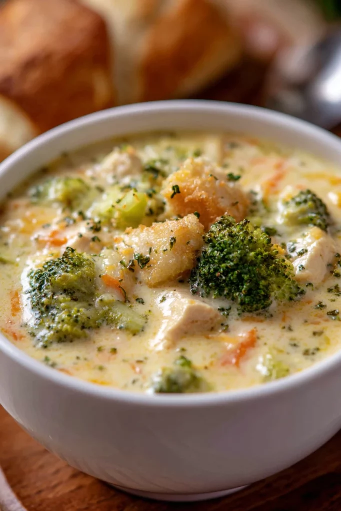 creamy chicken broccoli soup, comforting, hearty, savory, nutritious, delicious