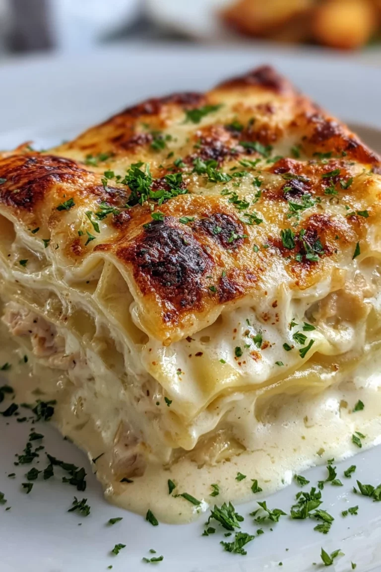 creamy chicken lasagna, white sauce, savory, cheesy, flavorful, indulgent