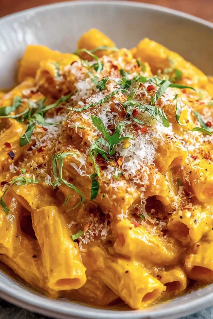 creamy pumpkin pasta, savory fall dish, rich, comforting, autumn flavors
