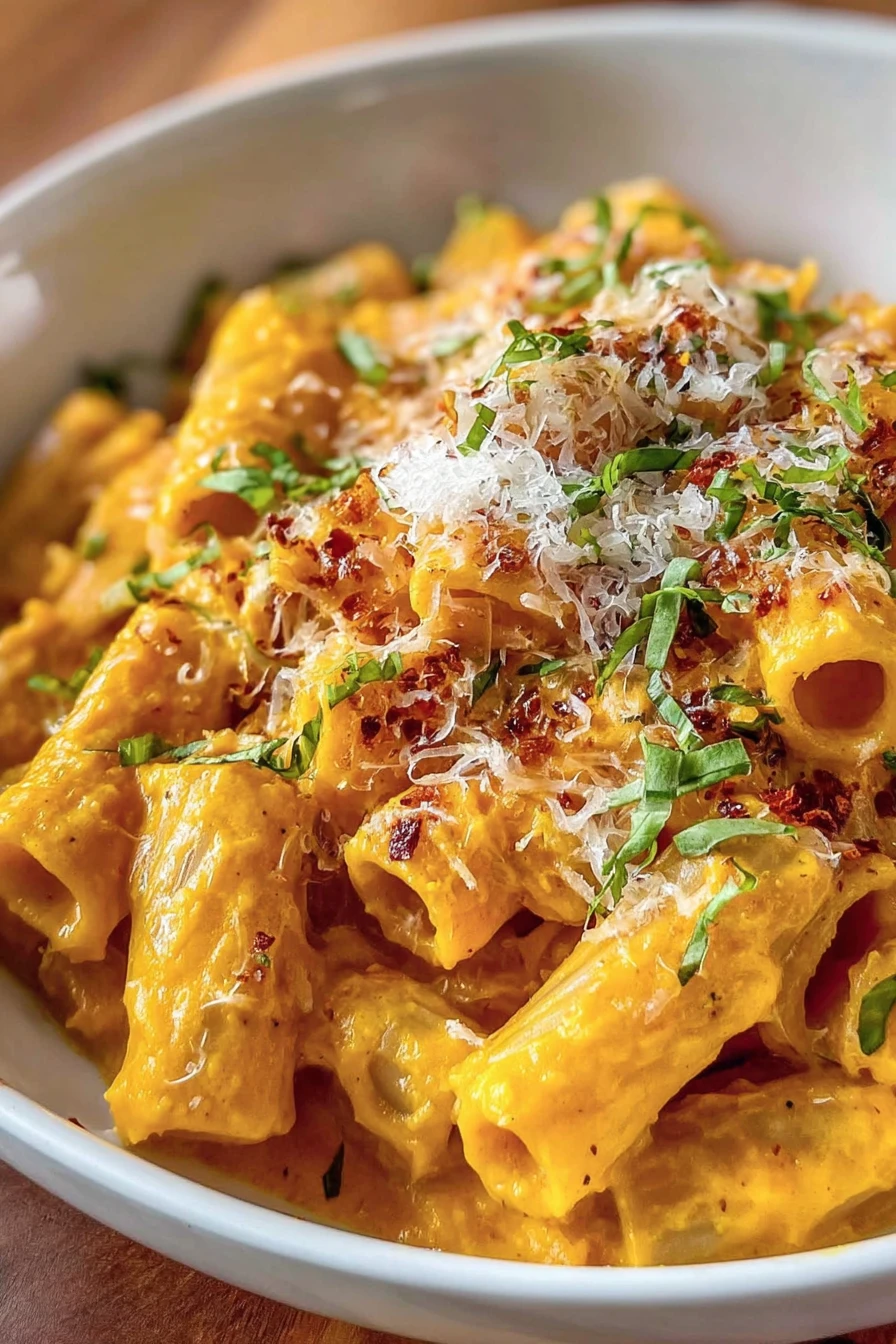 creamy pumpkin pasta, savory fall dish, comforting, rich sauce, autumn flavors