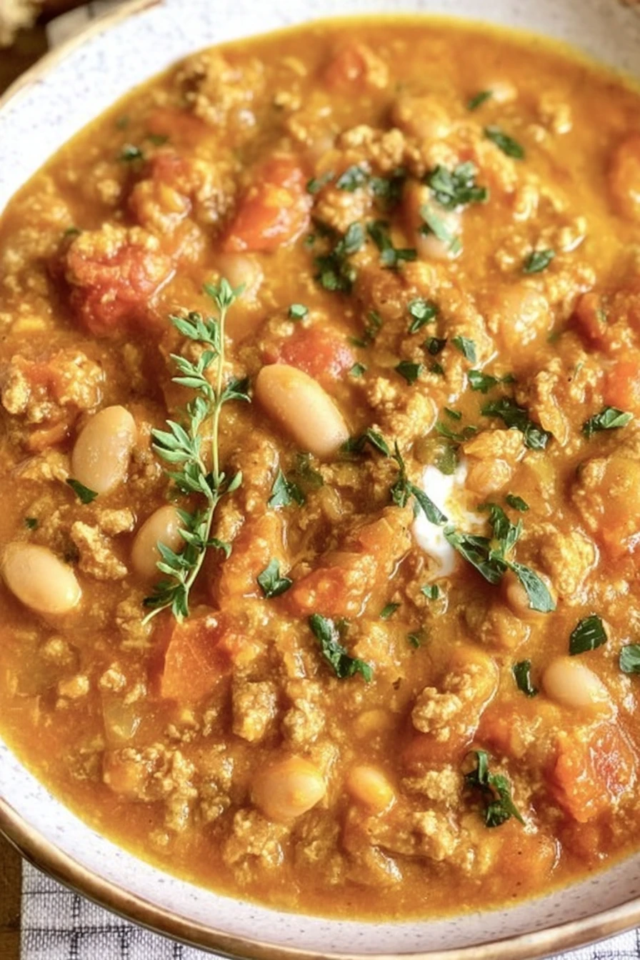 creamy, turkey pumpkin chili, savory, hearty, fall flavors, comforting