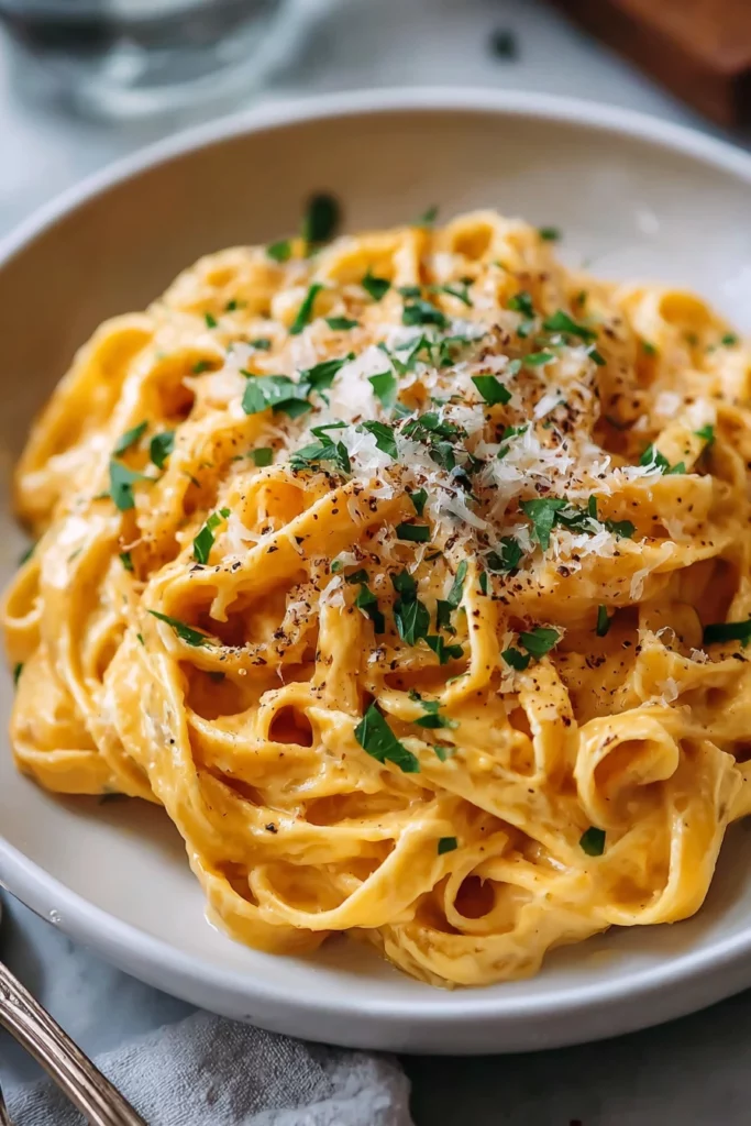 pumpkin alfredo pasta, creamy sauce, savory, comforting, autumn flavors, decadent, delicious