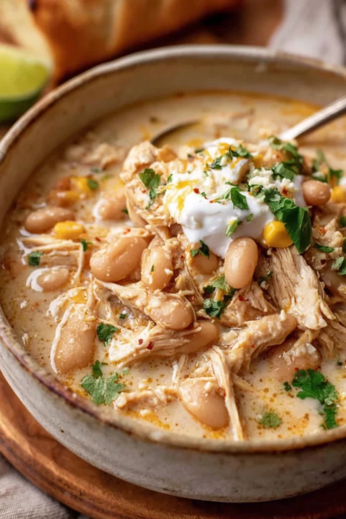 easy white chicken chili, creamy, flavorful, comforting, hearty, delicious, winter meal