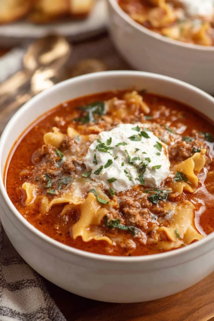 Gluten free, lasagna soup, savory, hearty, comforting, cheesy, delicious.