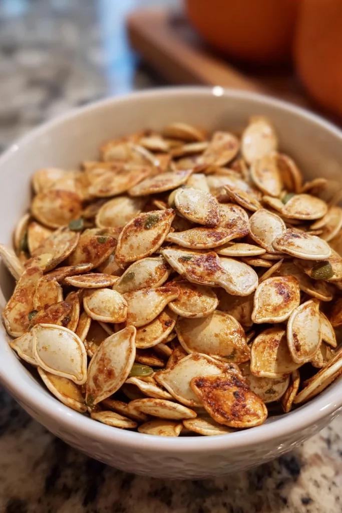 pumpkin seeds, brine, roast, crunchy, savory, fall flavors, delicious snack