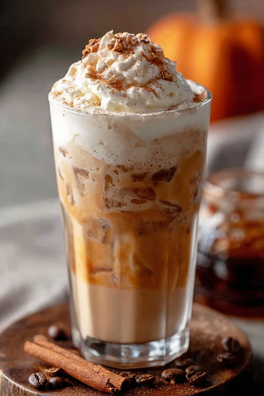 iced pumpkin cream chai latte, refreshing, autumnal, spiced, creamy, indulgent, fall flavors