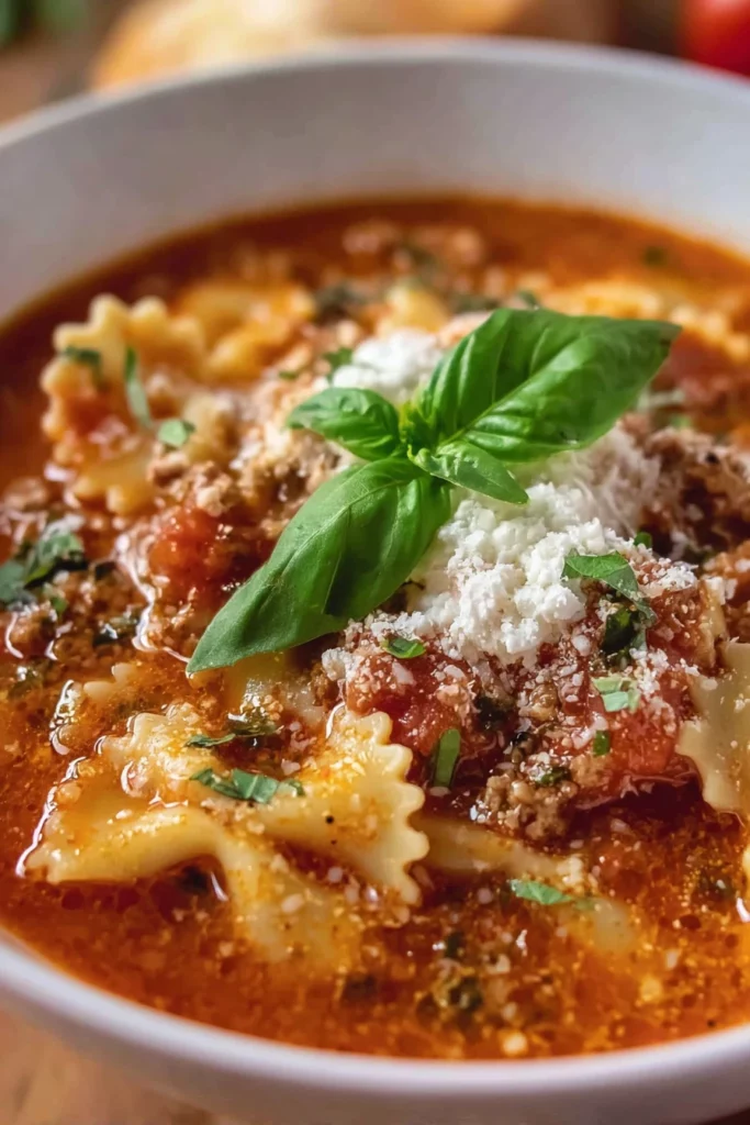 Lasagna Soup, hearty, comforting, Italian flavors, cheesy, savory broth