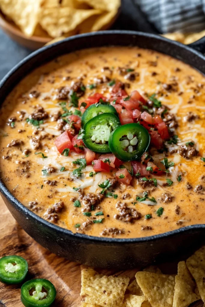 loaded, venison queso dip, savory, cheesy, indulgent, flavorful, appetizing, delicious