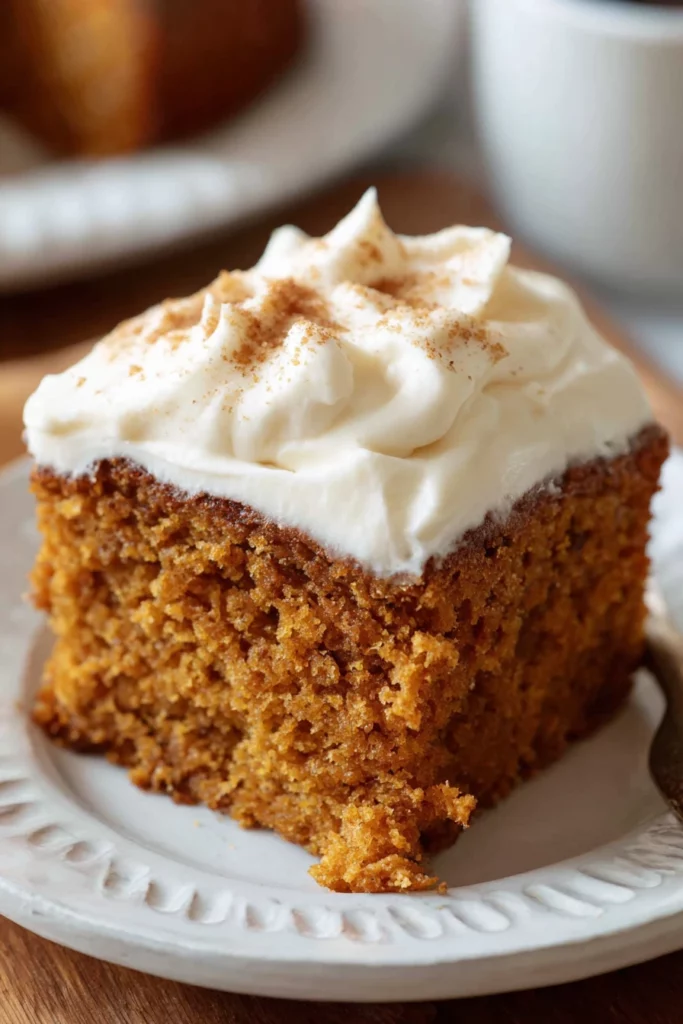 moist pumpkin cake, cream cheese frosting, decadent dessert, fall flavors