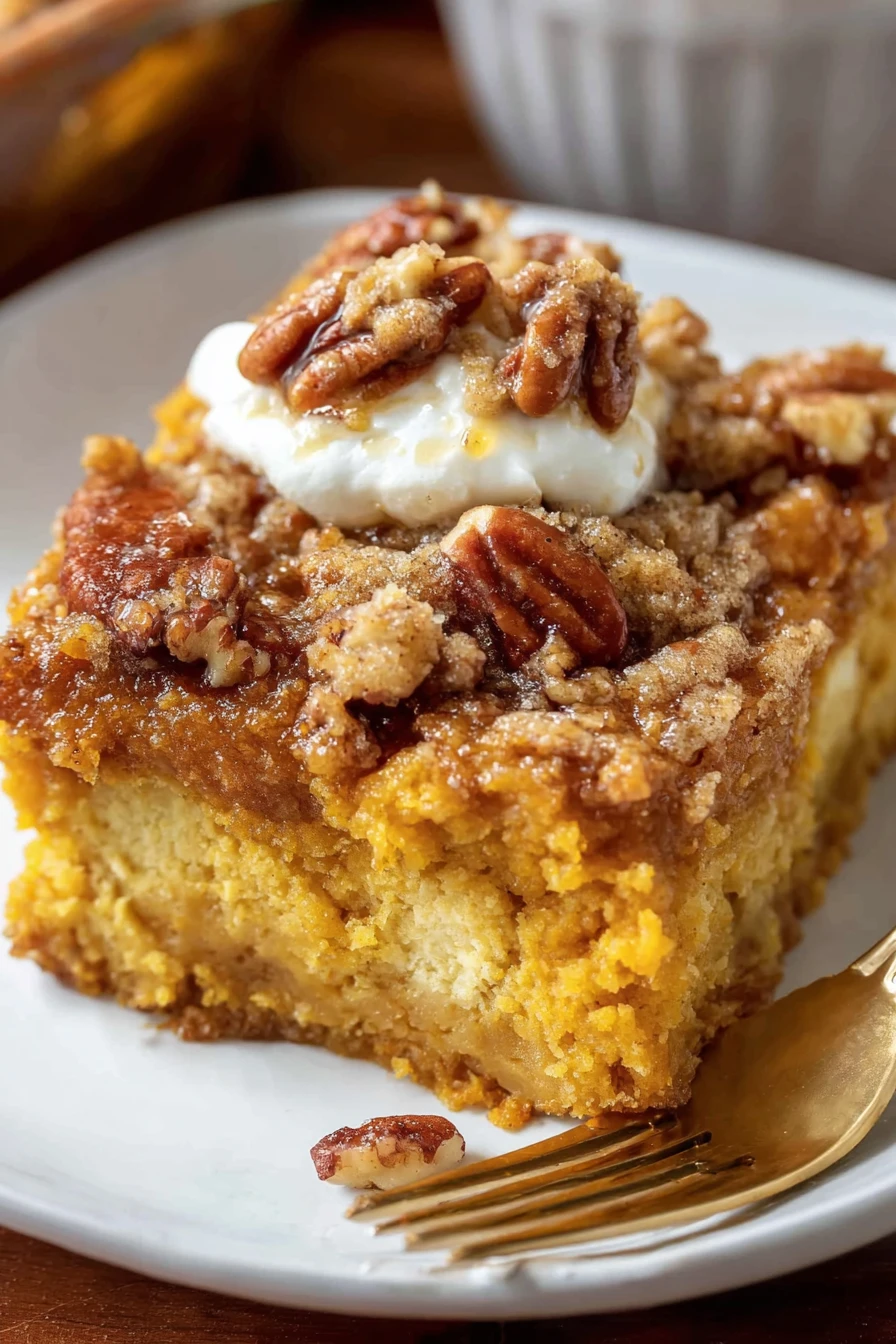One-Pan Pumpkin Dump Cake, autumn dessert, warm spices, gooey, delicious, seasonal treat