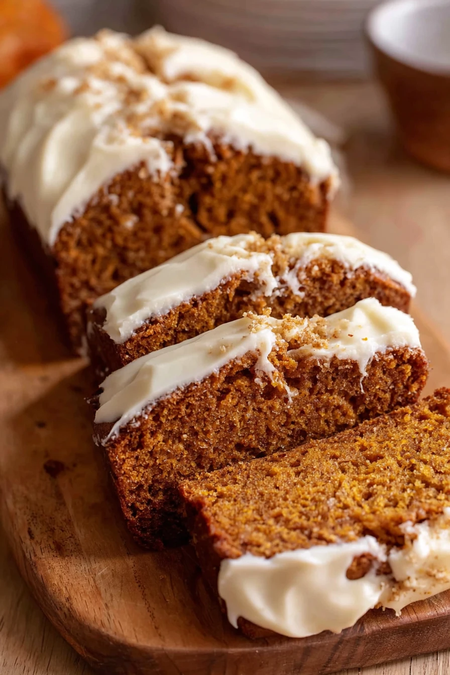 pumpkin bread, cream cheese frosting, autumn dessert, moist, decadent, spiced, creamy swirls