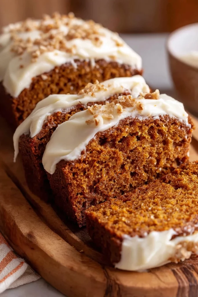 pumpkin bread, cream cheese frosting, moist, decadent, fall flavors