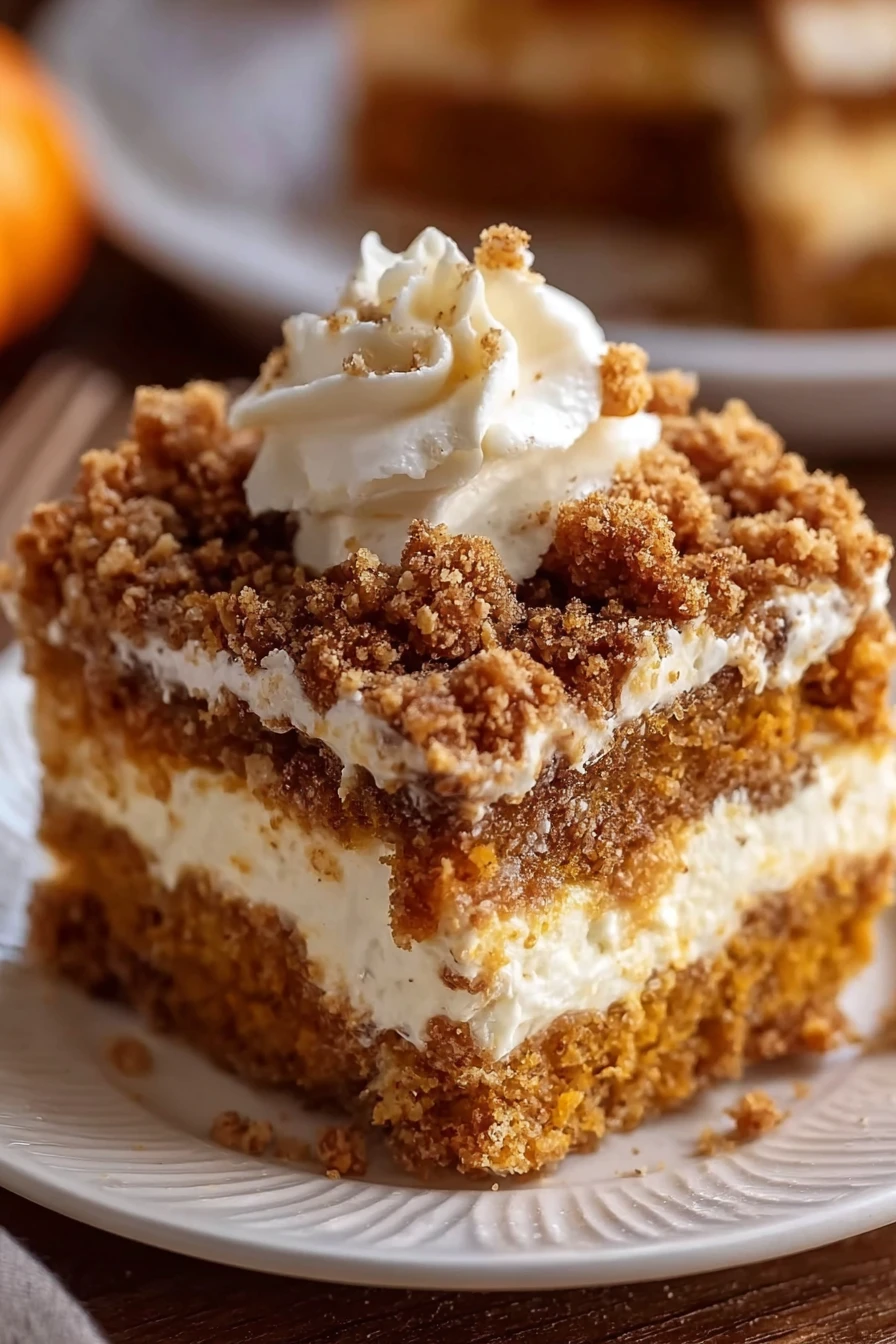 pumpkin crunch cake, delicious dessert, autumn flavors, crunchy topping, moist and flavorful